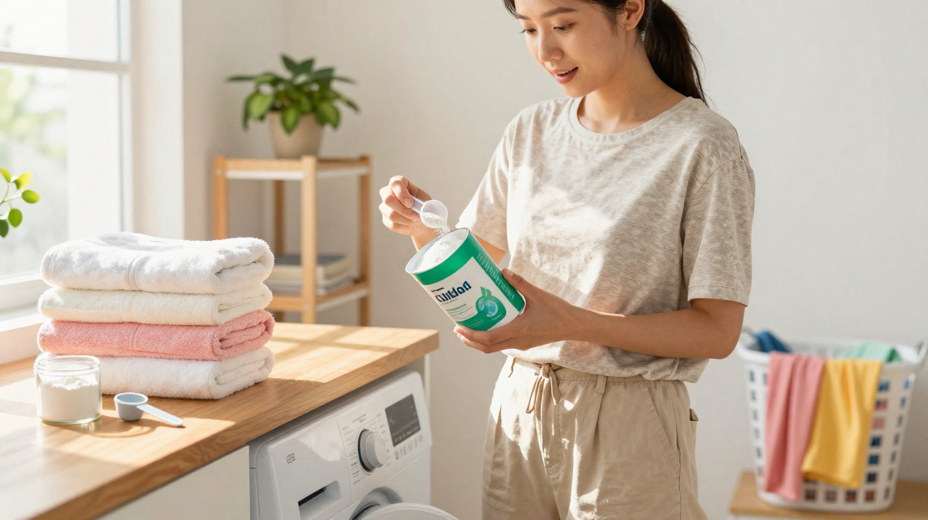 Woman measuring laundry detergent powder in a bright laundry room with folded towels on the counter.