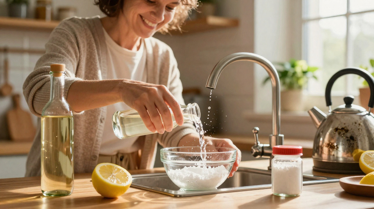 Woman smiling while pouring liquid into a bowl of white powder in a sunlit kitchen near lemon halves.