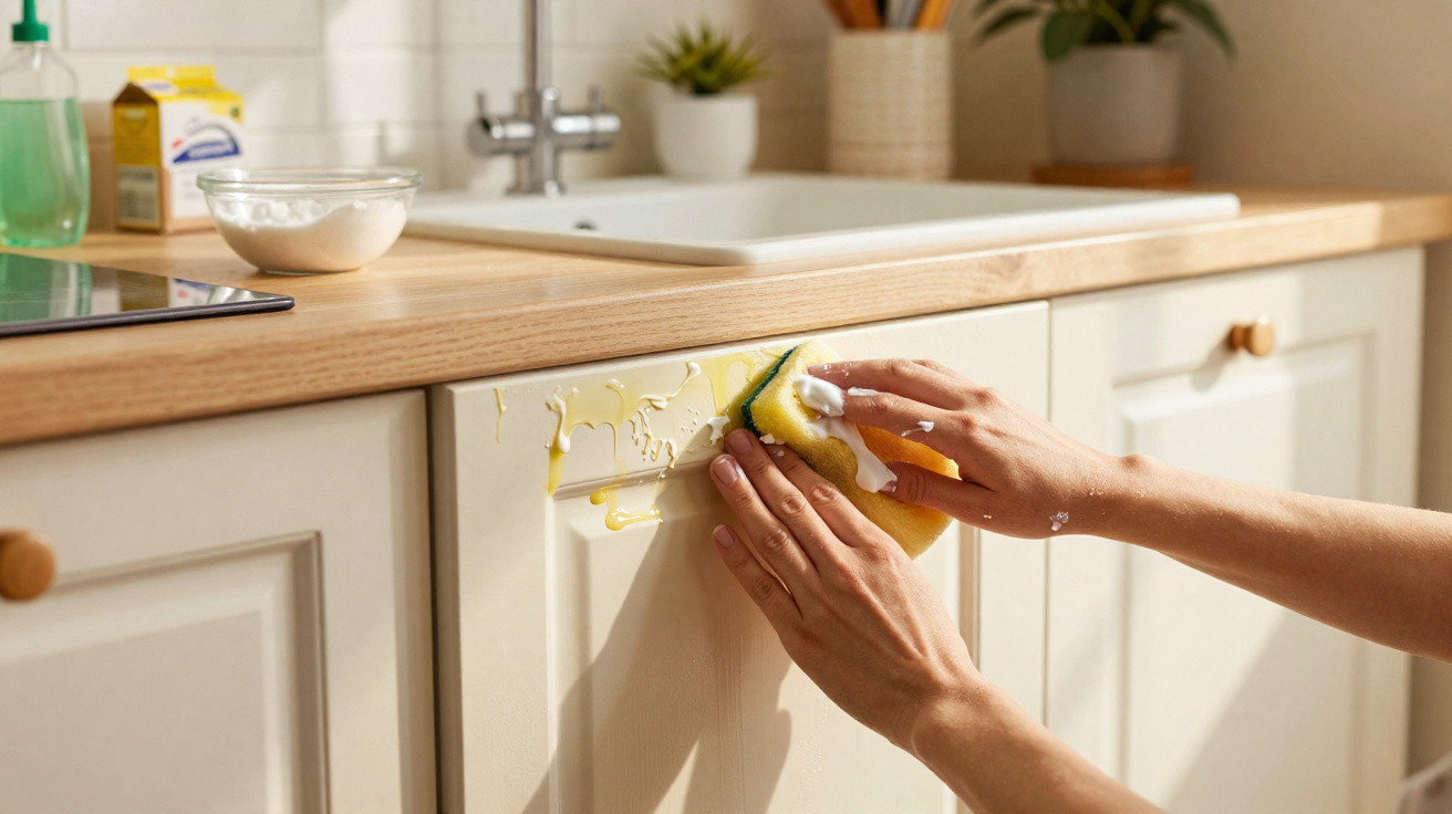 Hands cleaning kitchen cupboard with sponge soaked in detergent near sink and wooden countertop