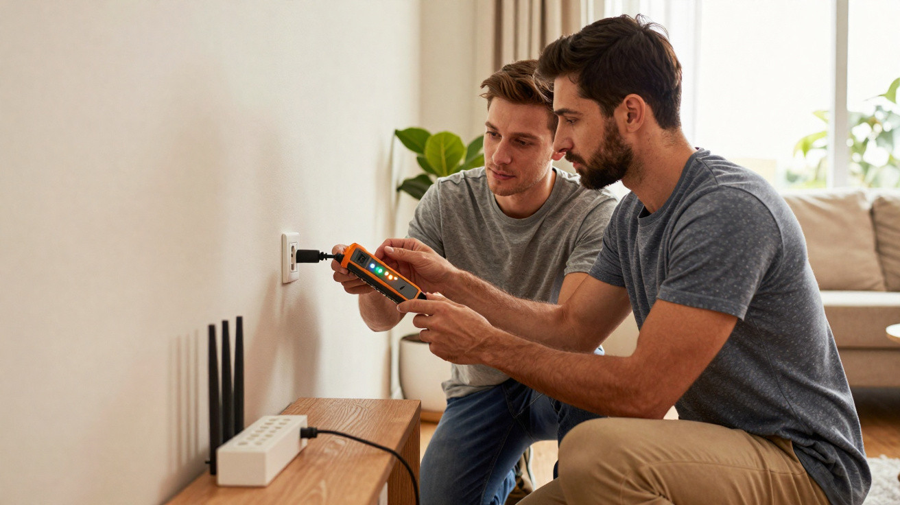 Two men testing a power socket with a voltage tester in a living room with a router and extension lead nearby.
