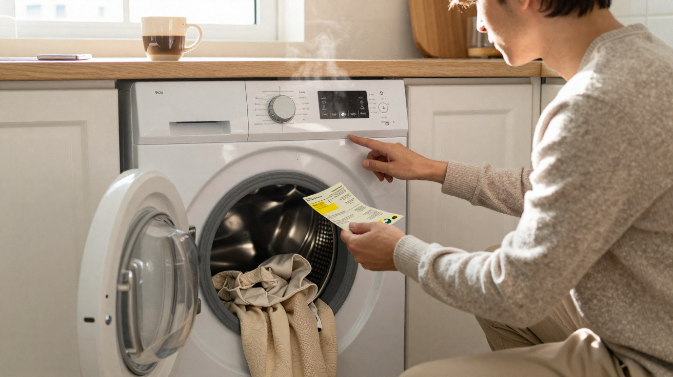 Person adjusting settings on a front-loading washing machine with clothes inside in a bright kitchen.