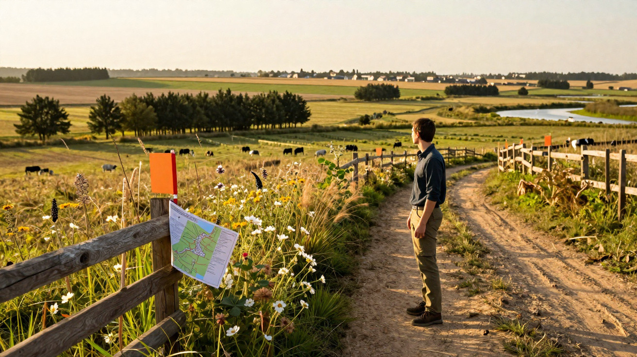 A man stands on a dirt path beside a wooden fence, looking out over fields with grazing cows and a distant village.