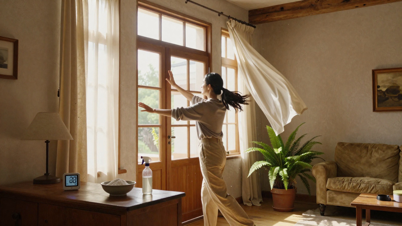 Woman opening a door with curtains blowing, in a sunlit living room with plants and wooden furniture.
