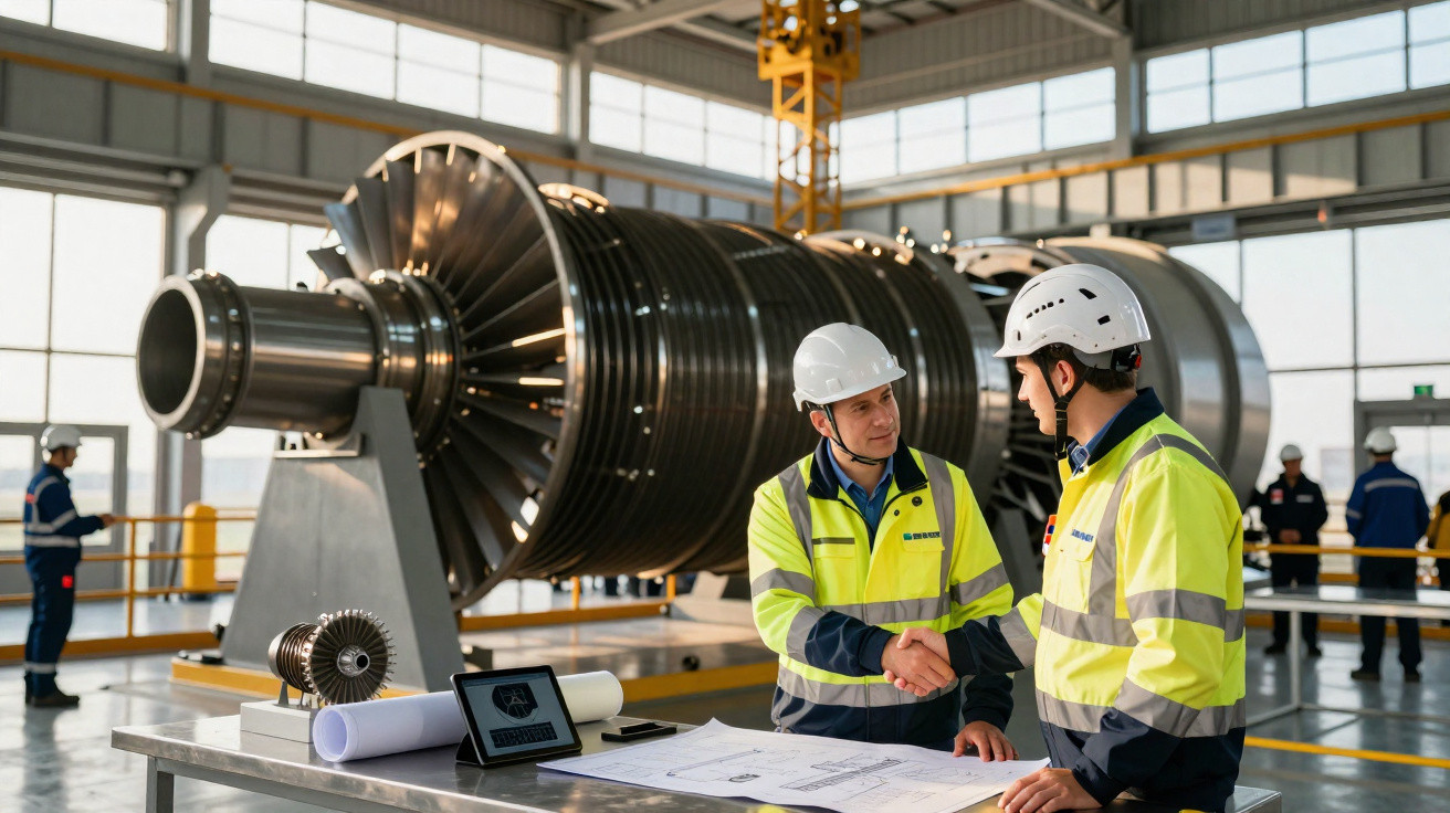 Two engineers in high-visibility jackets and helmets shaking hands in front of a large turbine indoors.