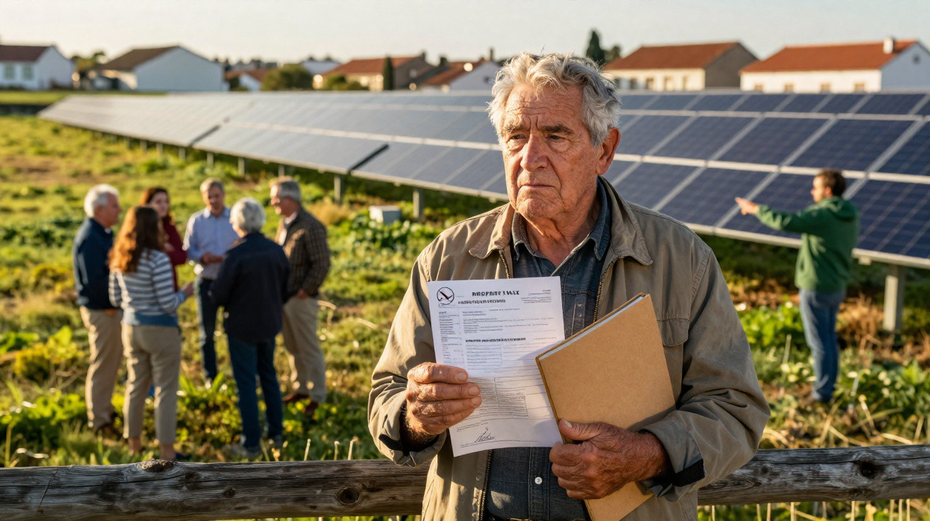 Elderly man holding documents near solar panels with group discussing and houses in background on sunny day.