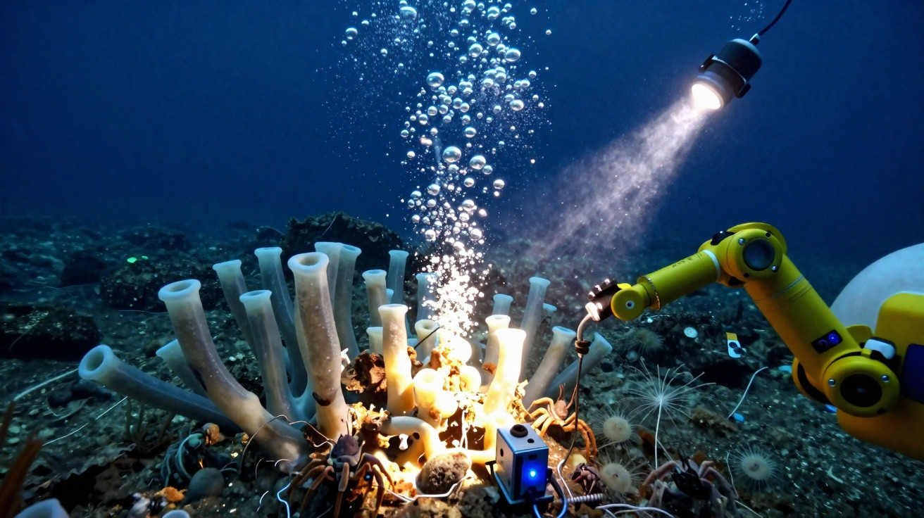 Underwater robot arm examining marine sponges with bright light and rising air bubbles on ocean floor.