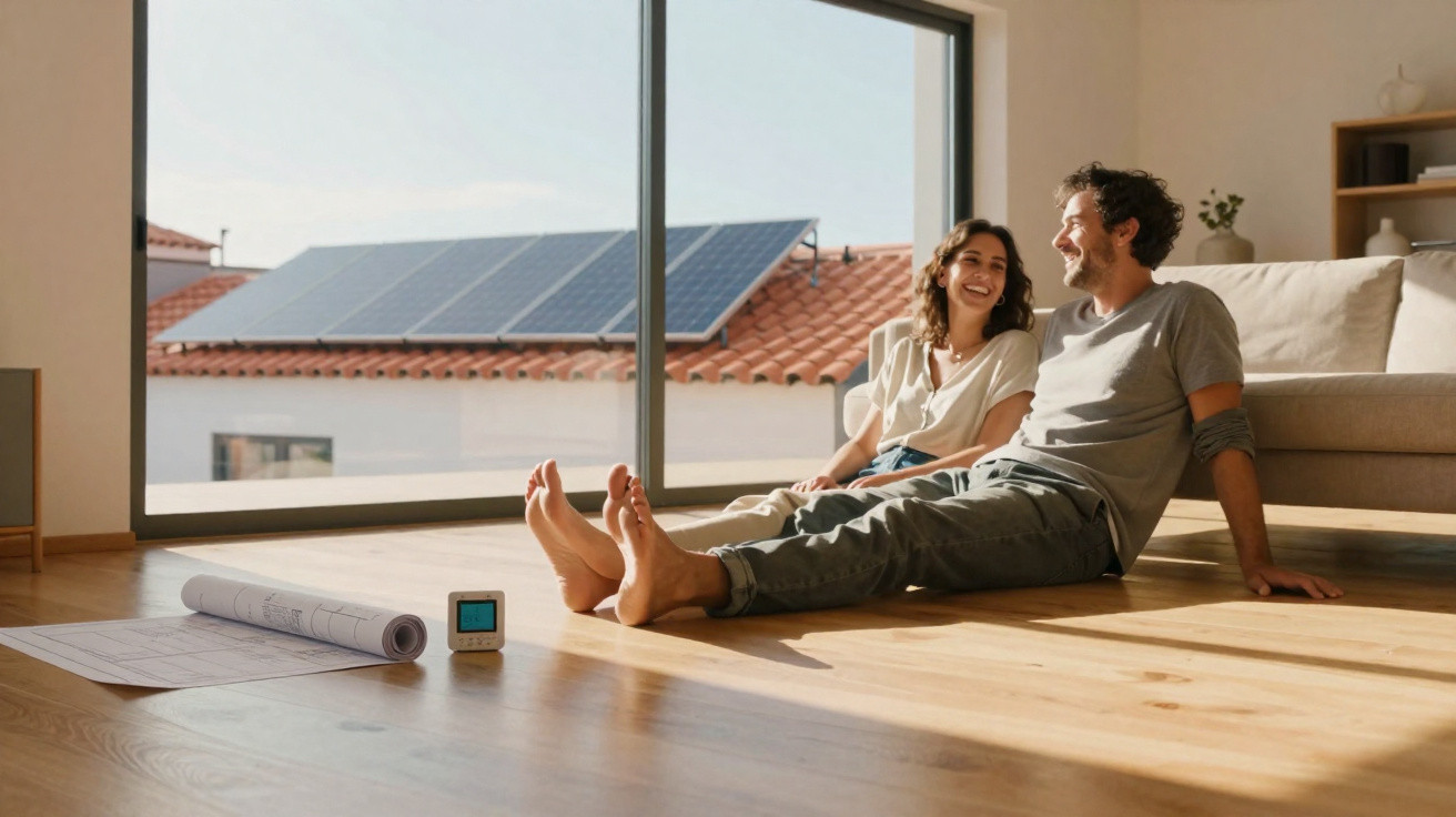 Couple sitting on wooden floor near rolled blueprints and digital device with solar panels visible outside window.