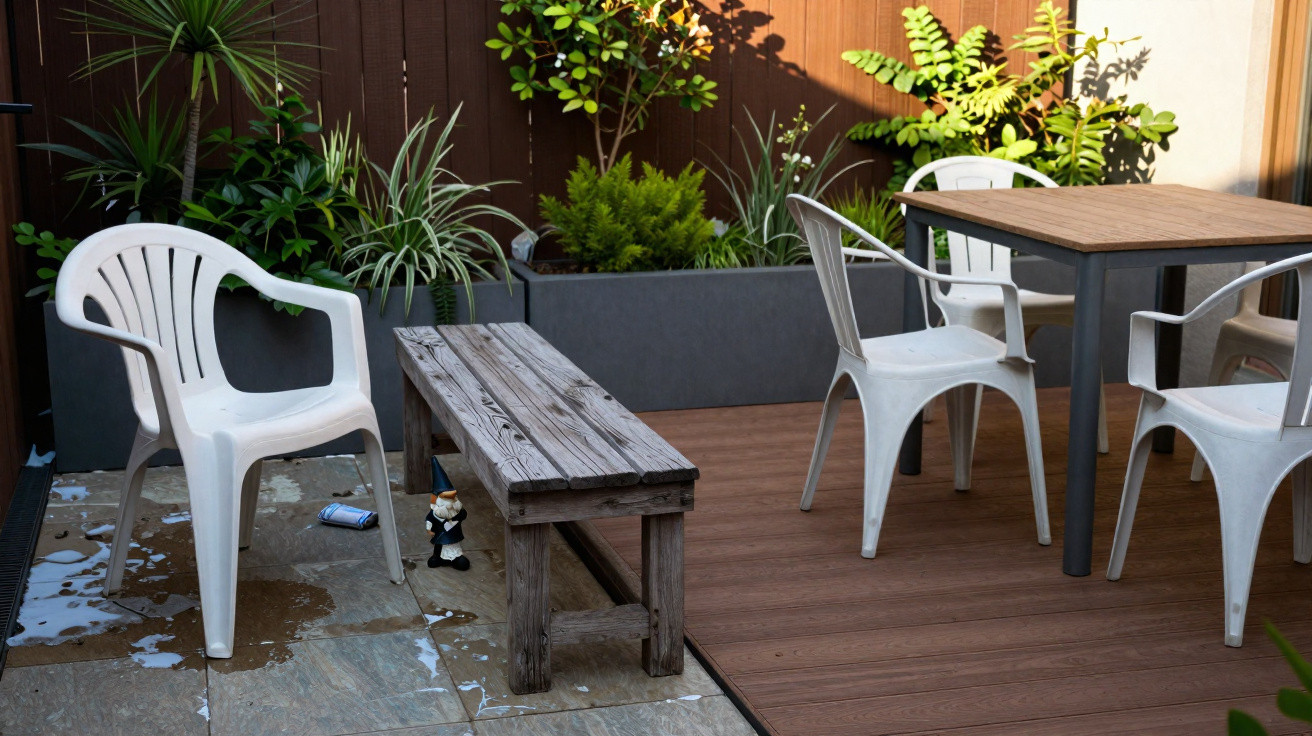 Outdoor seating area with white plastic chairs, wooden bench, table, and plants against a wooden fence.