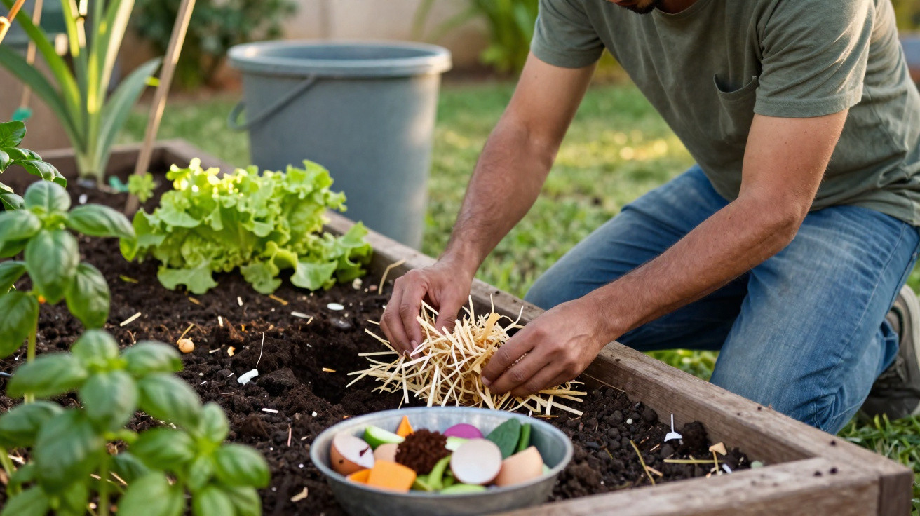 Person kneeling and adding mulch to a raised garden bed with leafy greens and vegetable scraps nearby.