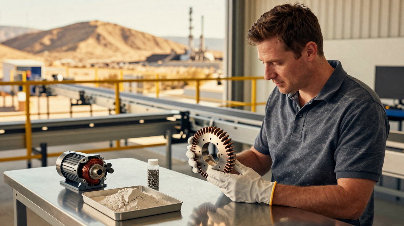 Man wearing gloves inspecting circular metal component at a workbench in an industrial setting