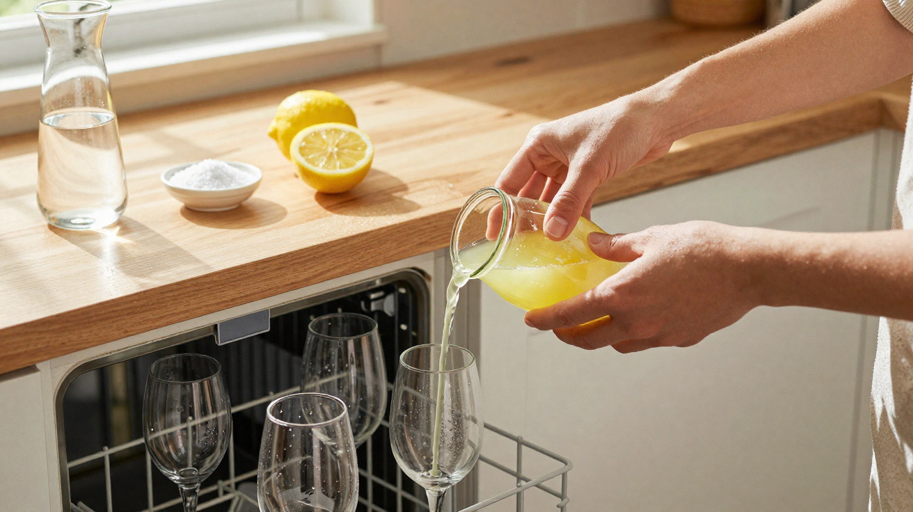 Person pouring fresh lemon juice into a glass with lemons, salt, and a jug on the kitchen counter.