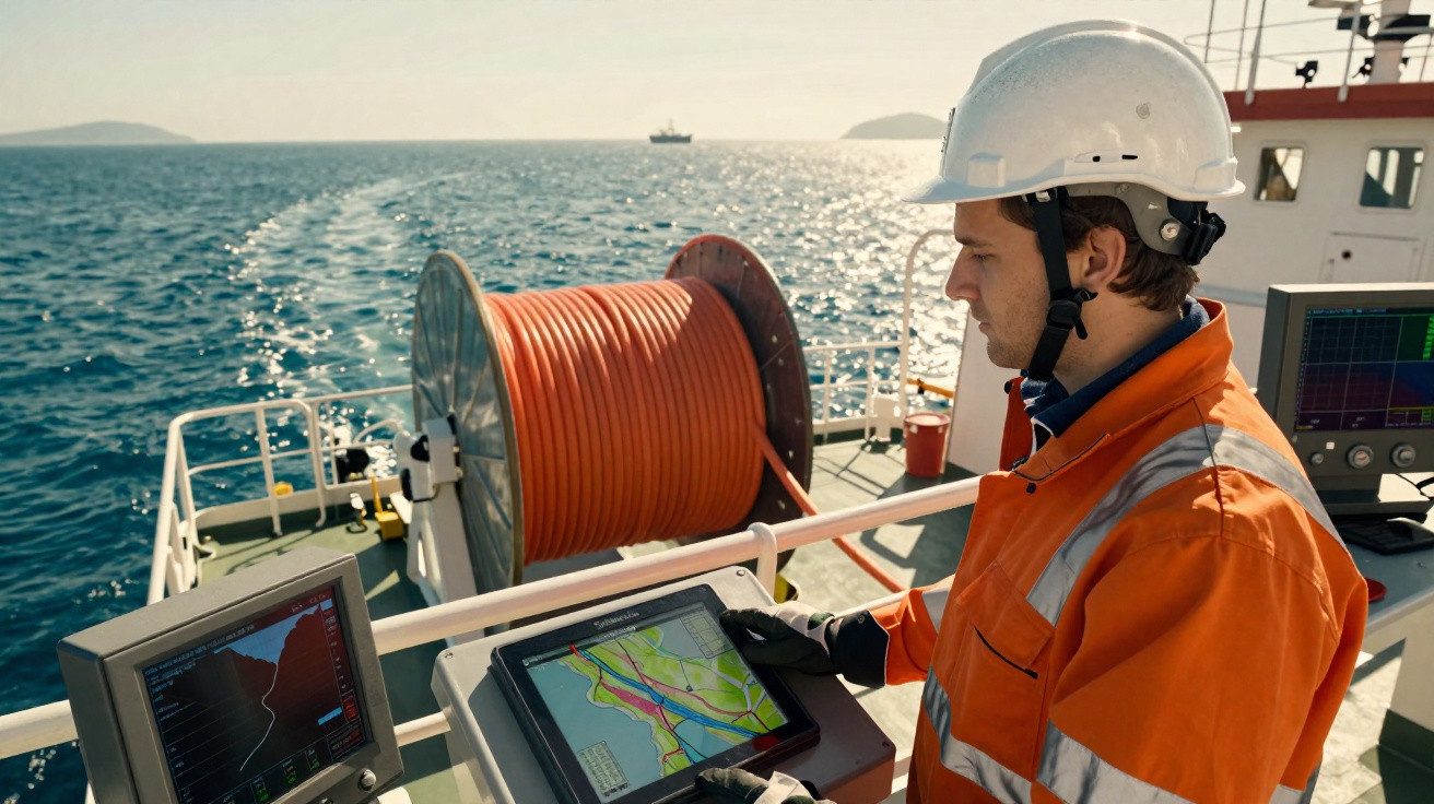 Engineer in safety gear operating navigation and monitoring equipment on a ship near the sea with cable spool visible.