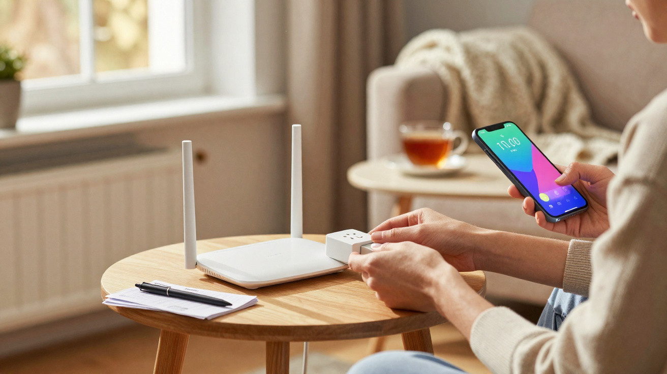 Person holding a smartphone and plugging a power adapter into a wireless router on a wooden table.