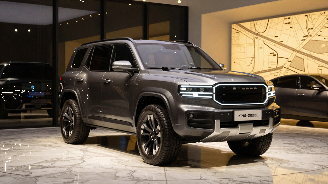 Grey Stossel King-Diesel SUV parked indoors on glossy tiled floor under warm lights