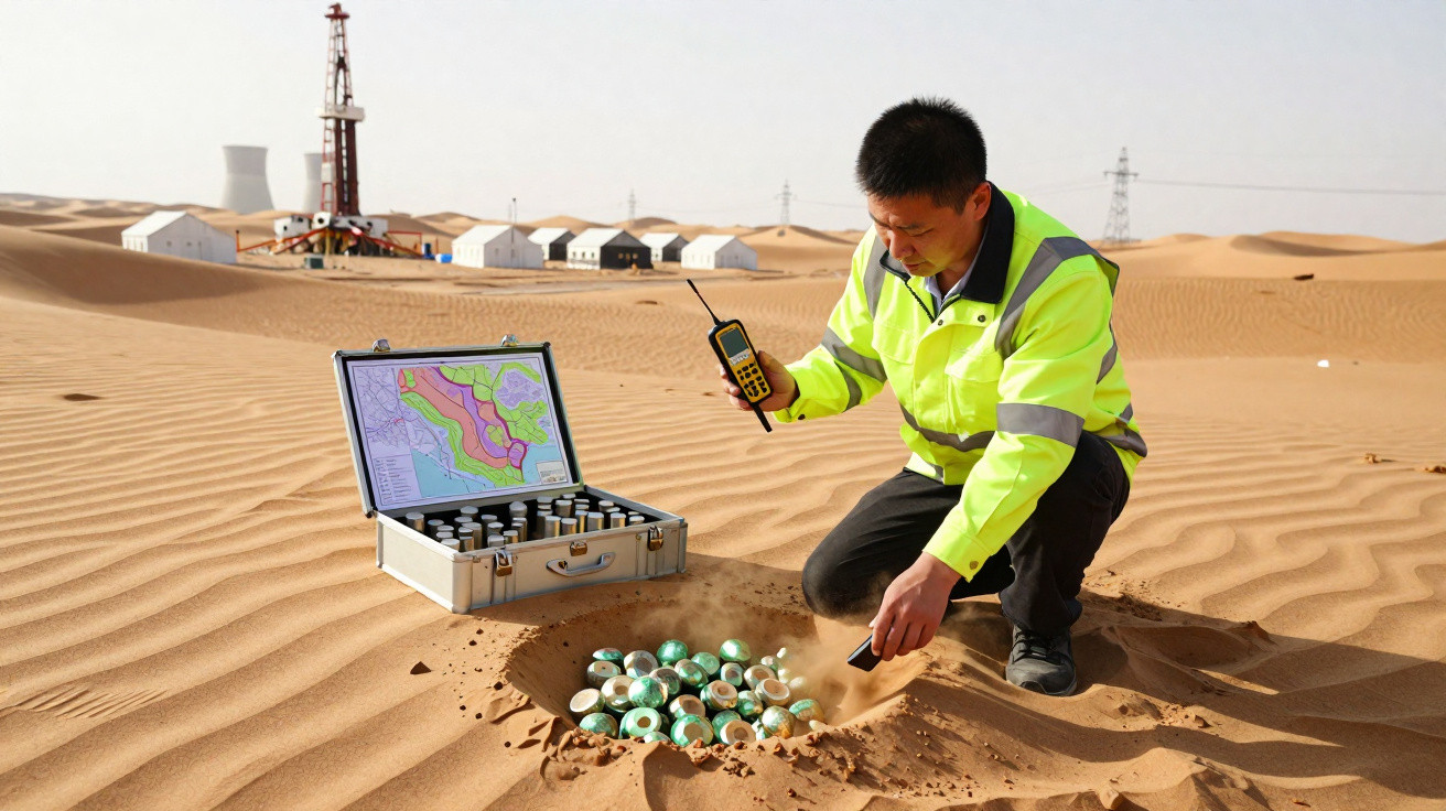 Worker in high-visibility jacket using radio near a hole filled with objects in a desert landscape with industrial buildings.