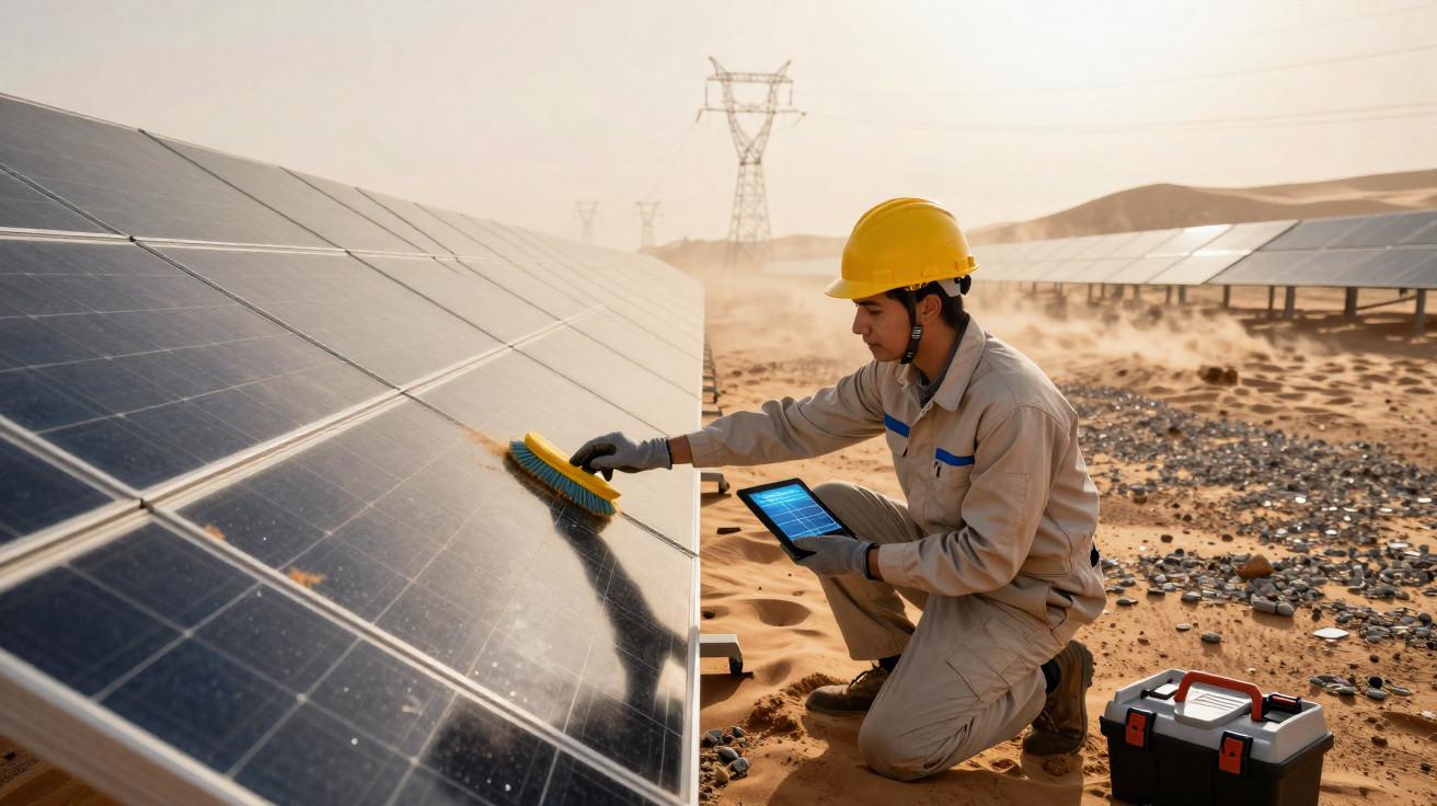 Engineer in protective gear cleaning solar panels in a desert solar farm using a brush and tablet.