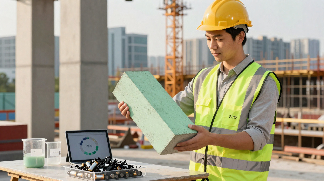 Construction worker in a hard hat and vest inspecting a green concrete block at a building site.