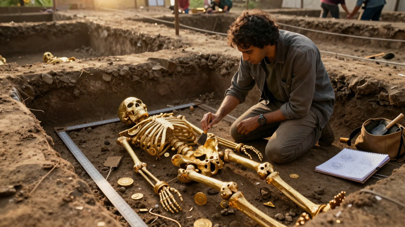 Archaeologist carefully brushing dirt from a golden skeleton and artefacts at a dig site in an excavation pit.