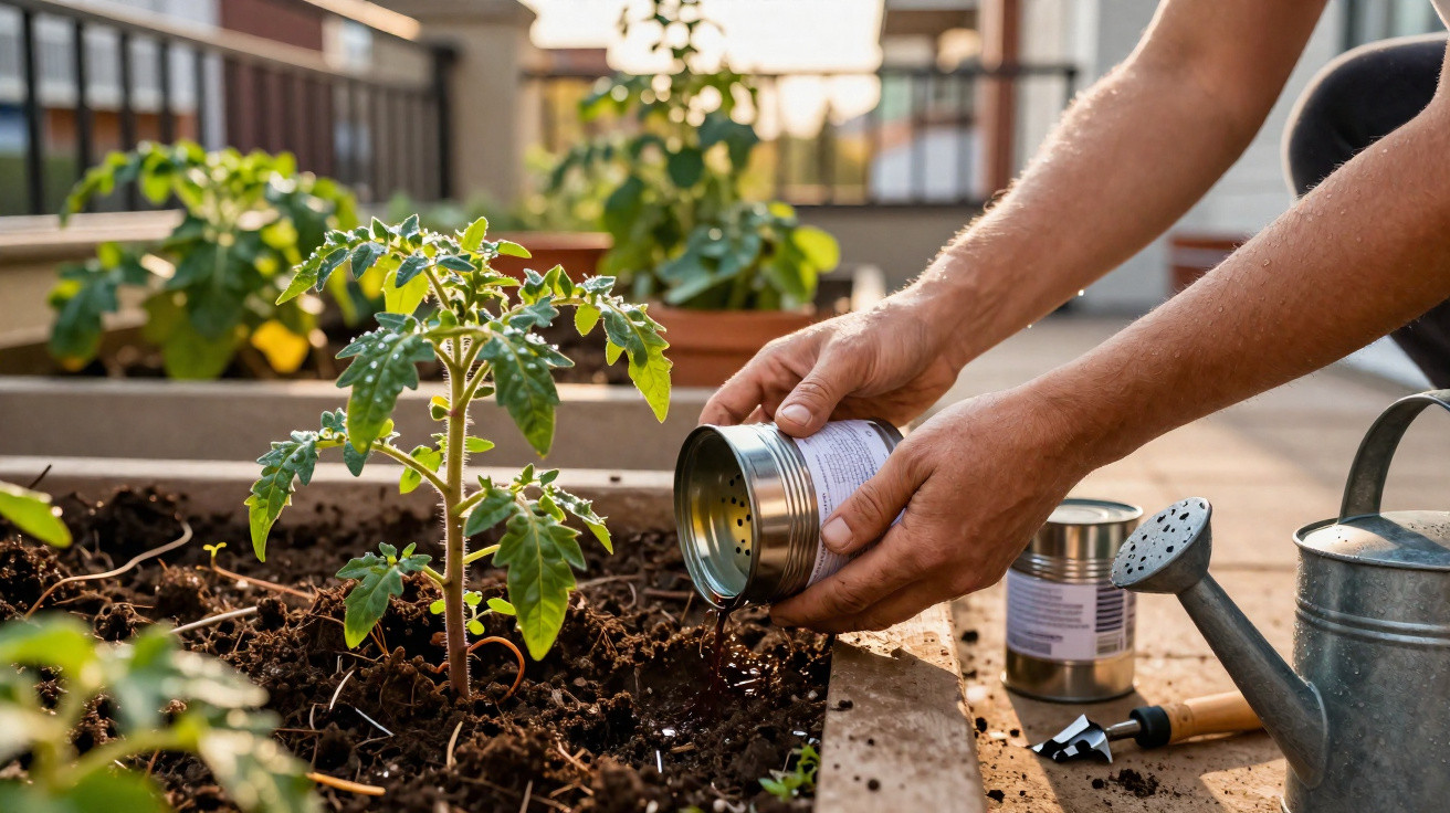 Person sprinkling fertiliser on a young tomato plant in a raised garden bed in sunlight.