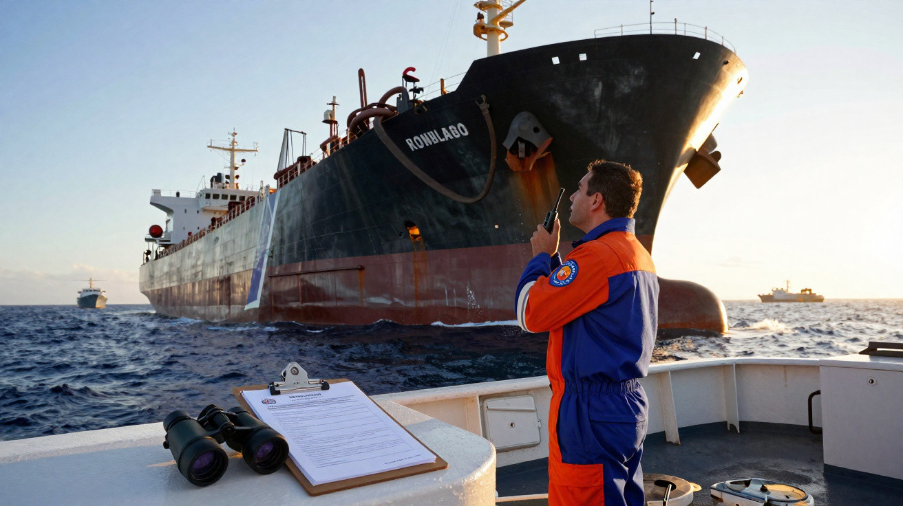 Crew member in orange and blue uniform using radio on a boat near large cargo ship at sea.