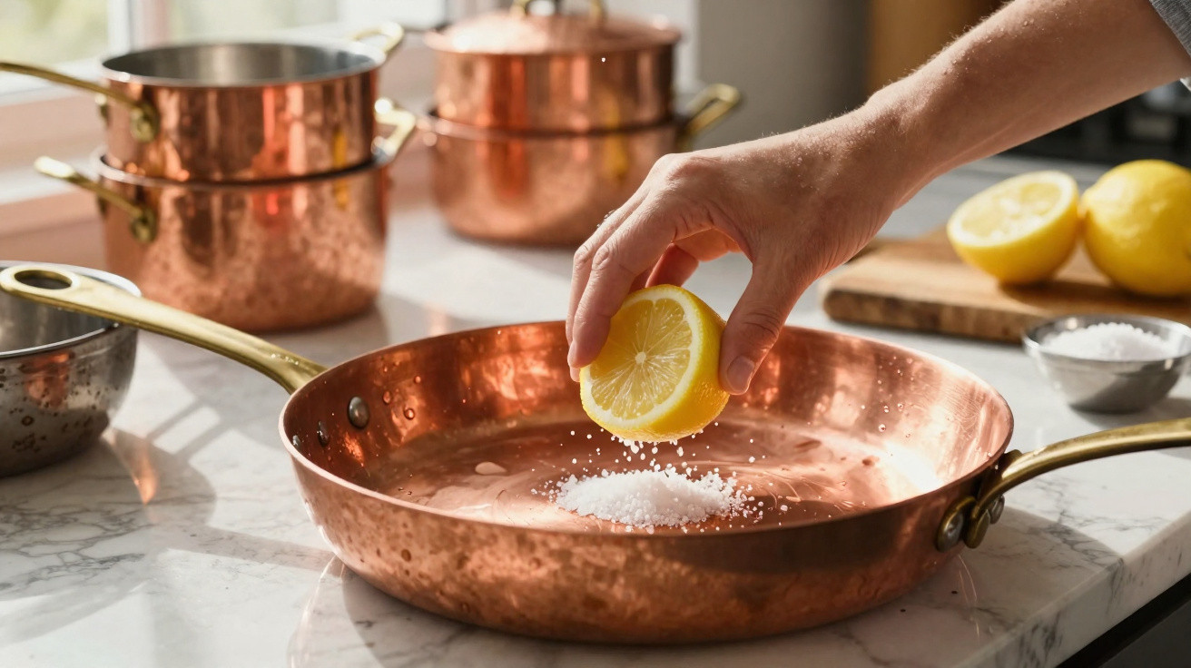 Hand squeezing lemon over coarse salt in a copper pan on a marble kitchen countertop.