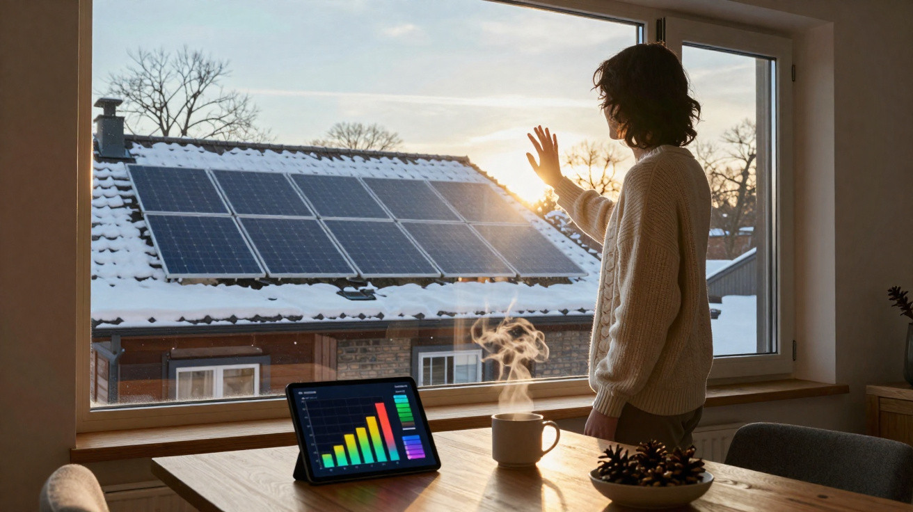 Person in cosy sweater looking out window at snow-covered roof with solar panels at sunset.