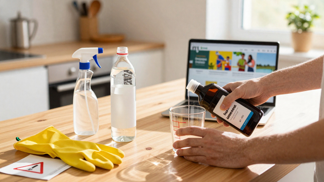 Person pouring liquid medicine into a measuring cup on a kitchen table with cleaning supplies nearby and a laptop in the back