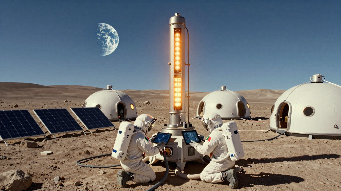 Two astronauts in space suits working on equipment on a barren planetary surface with dome habitats and solar panels.
