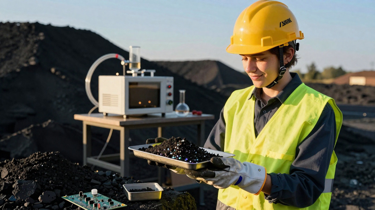 Young engineer in safety gear holding a tray of coal samples at a mining site with testing equipment.