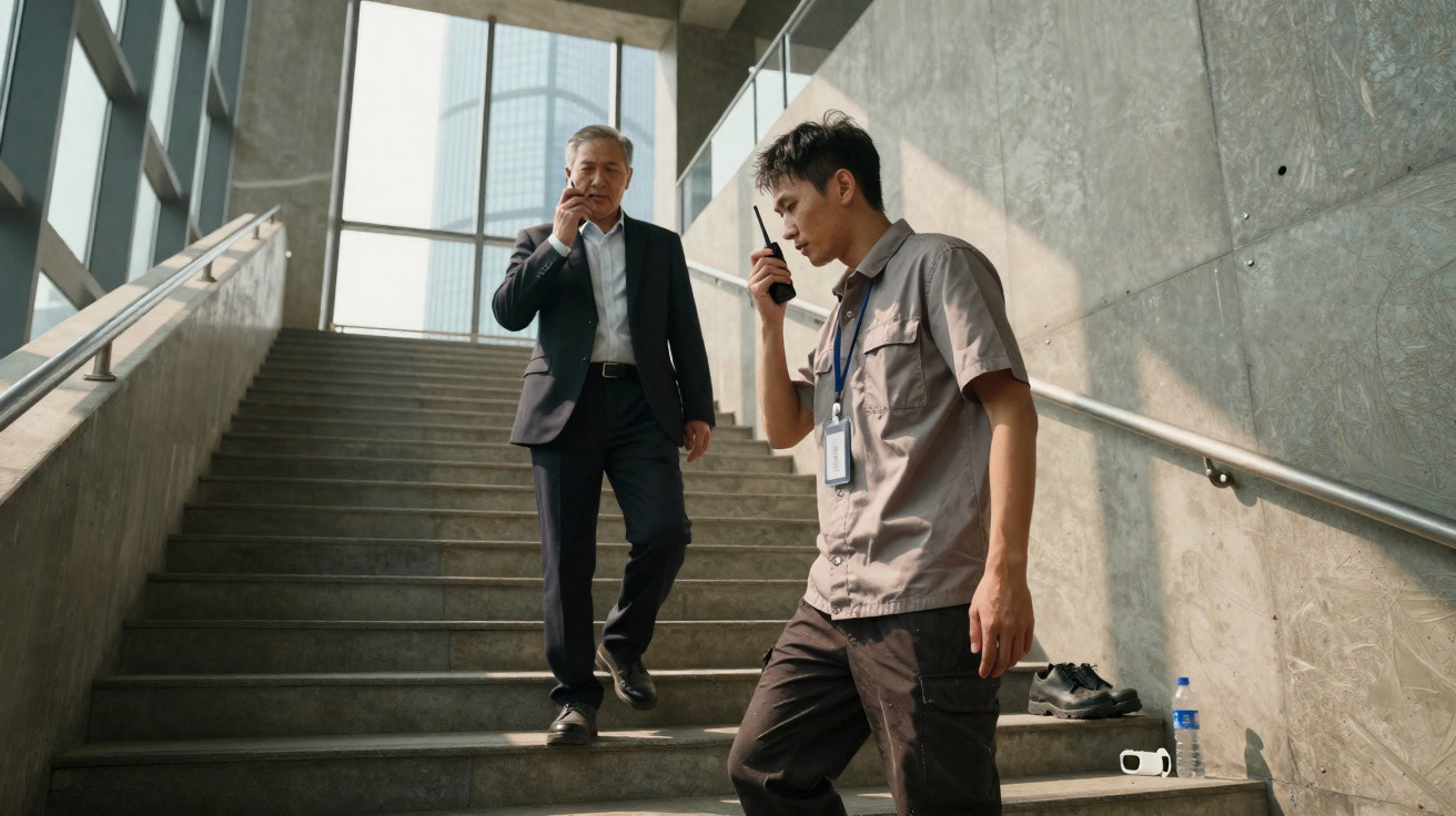 Two men on a concrete staircase, one in a security uniform speaking into a walkie-talkie, the other in a suit behind him.