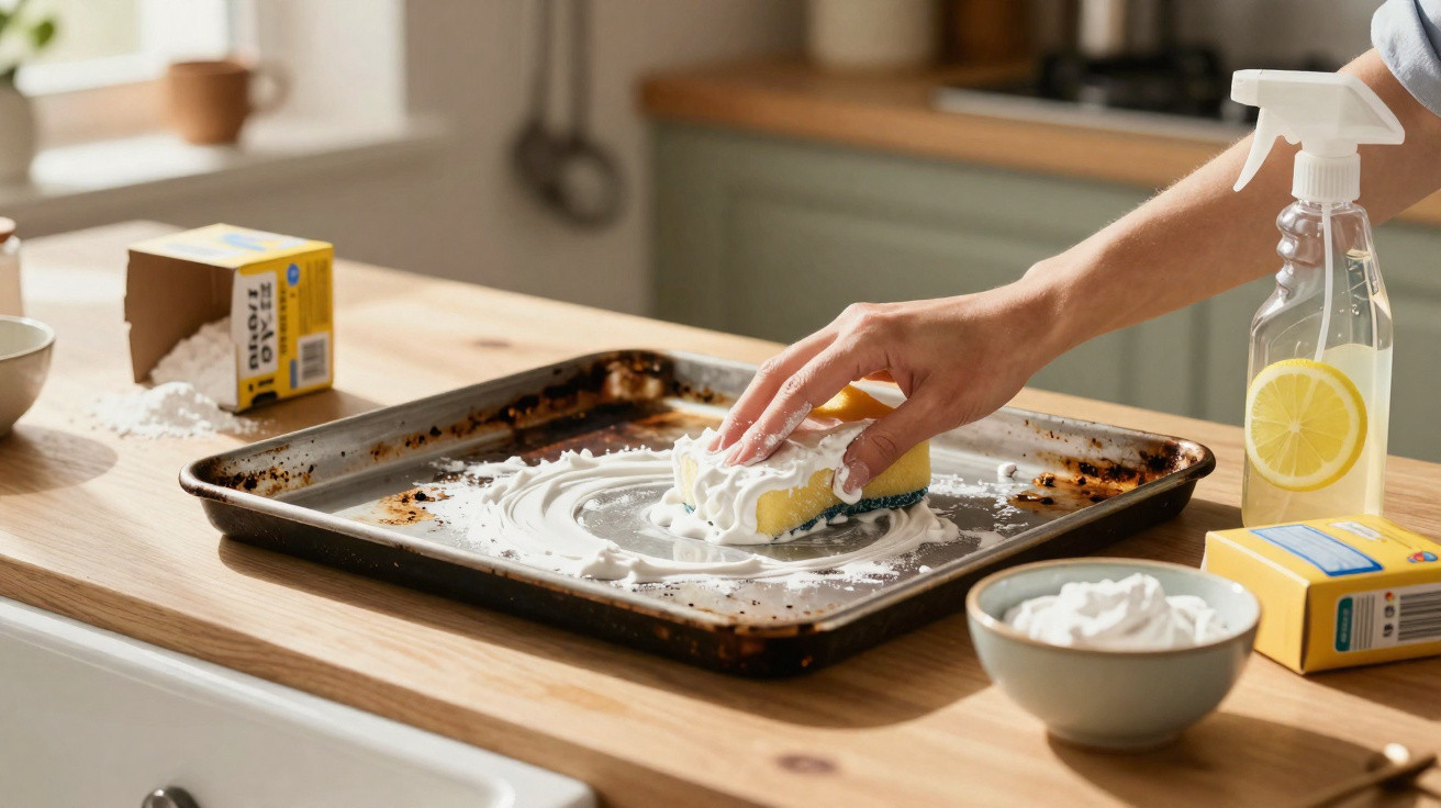 Hand cleaning a burnt baking tray with sponge and baking soda paste on a kitchen countertop.