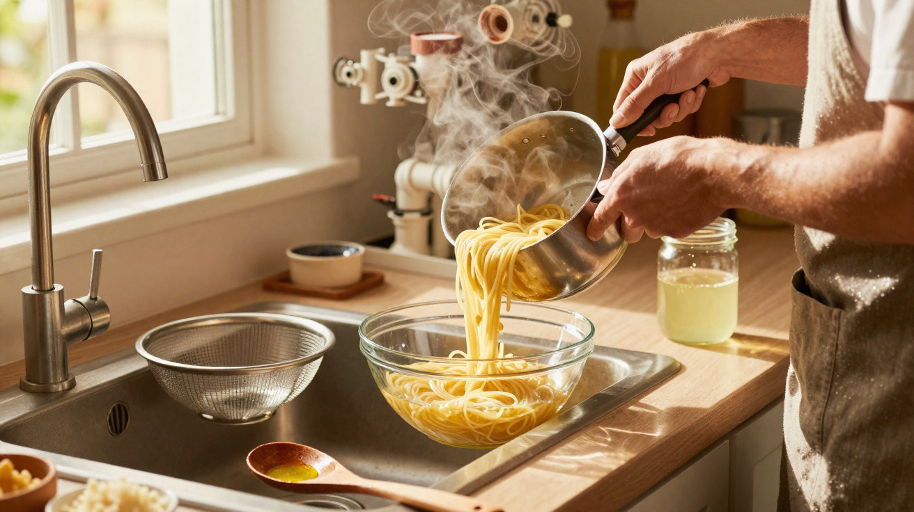 Person pouring hot cooked pasta from a pot into a glass bowl in a sunlit kitchen sink area.