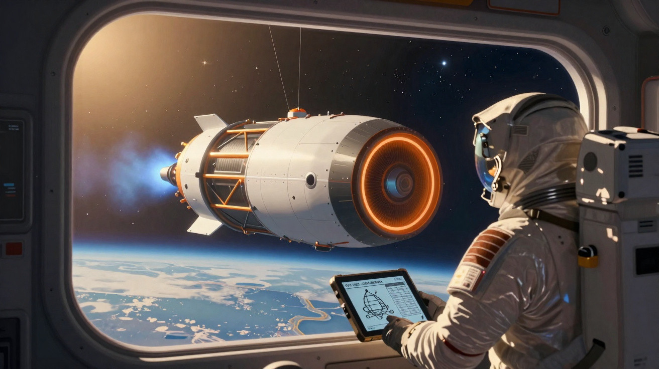 Astronaut inside spacecraft observing a rocket engine firing and holding a digital tablet near Earth.