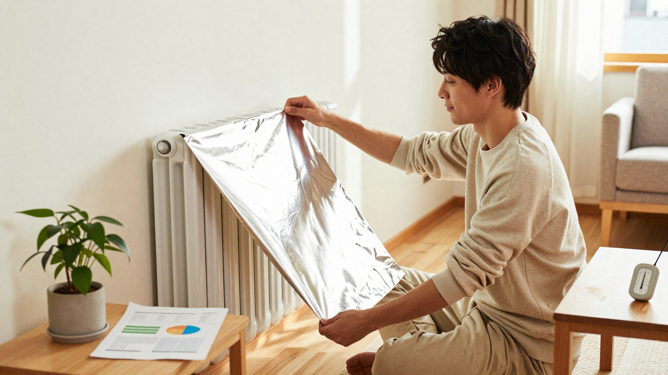 Person placing reflective foil on a radiator in a bright, wooden-floored living room.