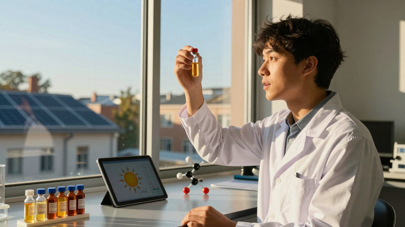 Scientist in a lab coat examining a yellow liquid in a vial near a window with solar panels outside.
