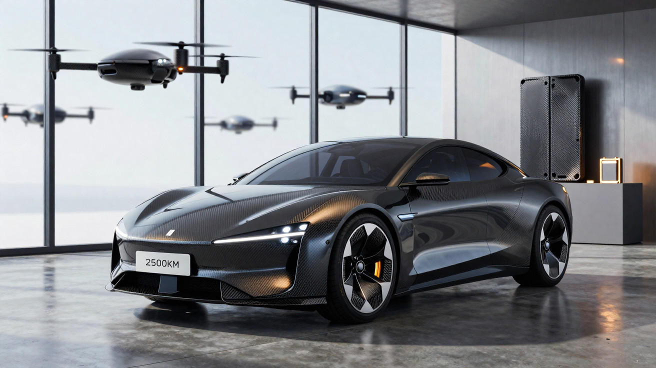 Sleek black electric sports car parked indoors with flying drones and city skyline visible through large windows.