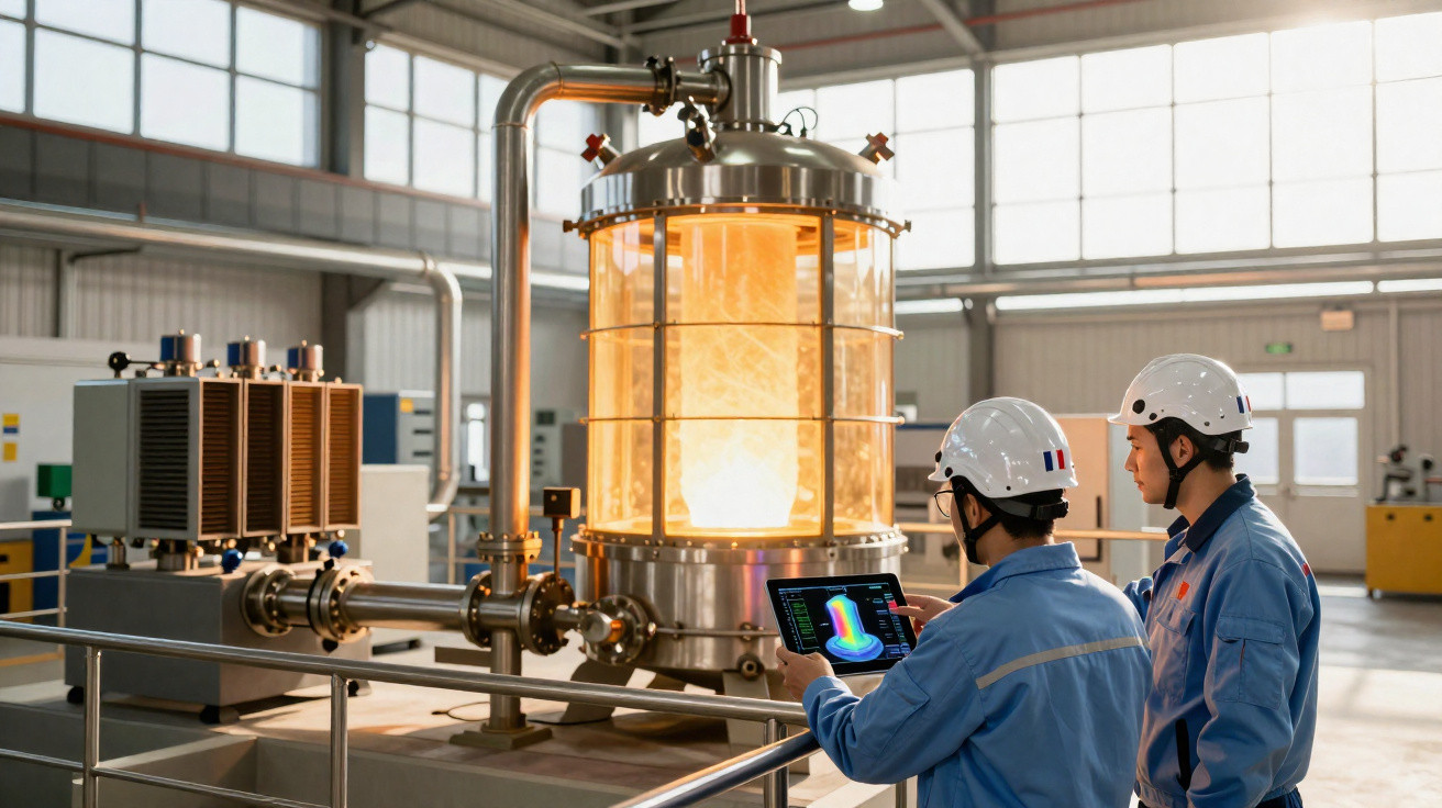 Two engineers in safety helmets monitor a large industrial furnace with a tablet inside a factory.