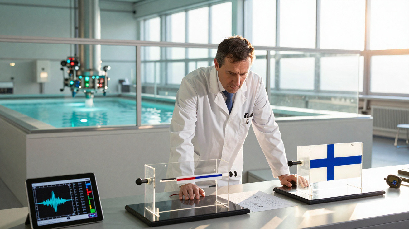 Scientist in white lab coat examining wave model with Finnish flag and tablet in modern research facility.