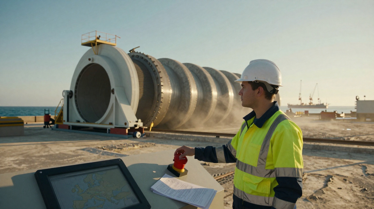 Engineer in high-visibility jacket and helmet controls large industrial tunnel boring machine near the sea at sunset.