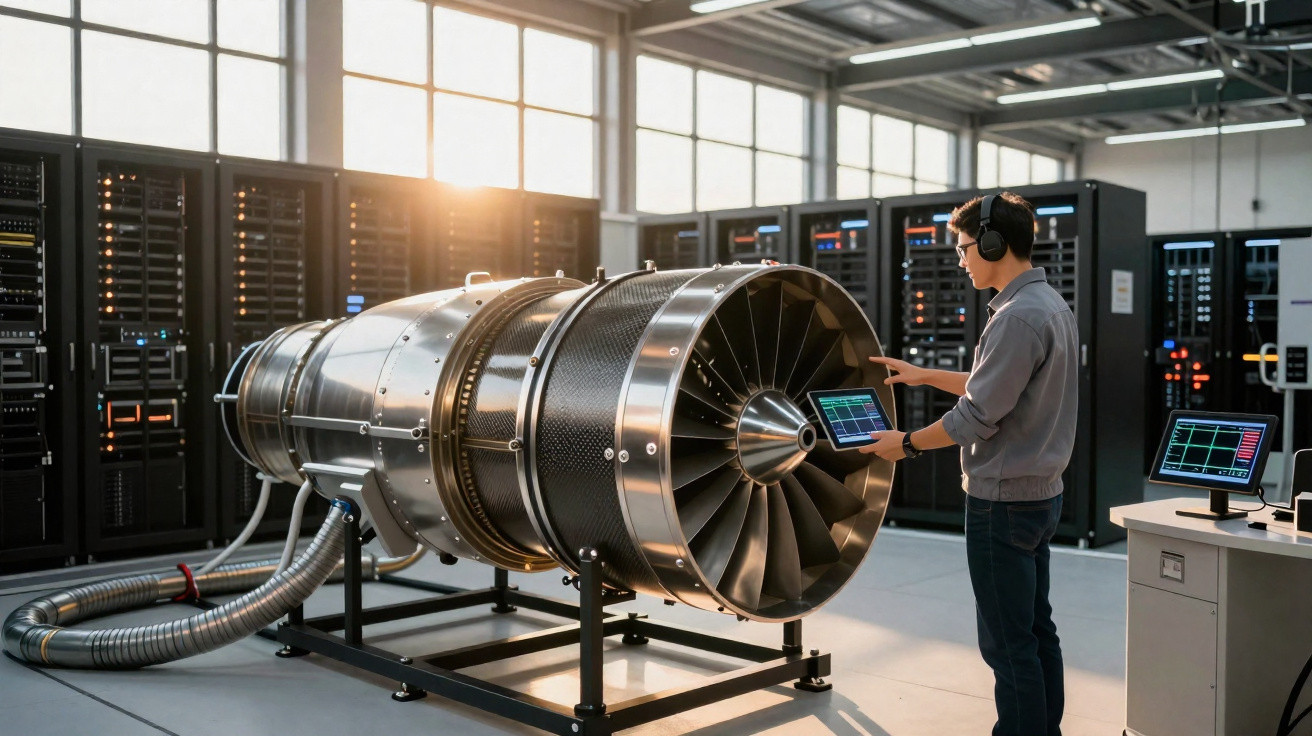Engineer wearing headphones inspects a large aircraft engine model using a tablet in a high-tech lab.