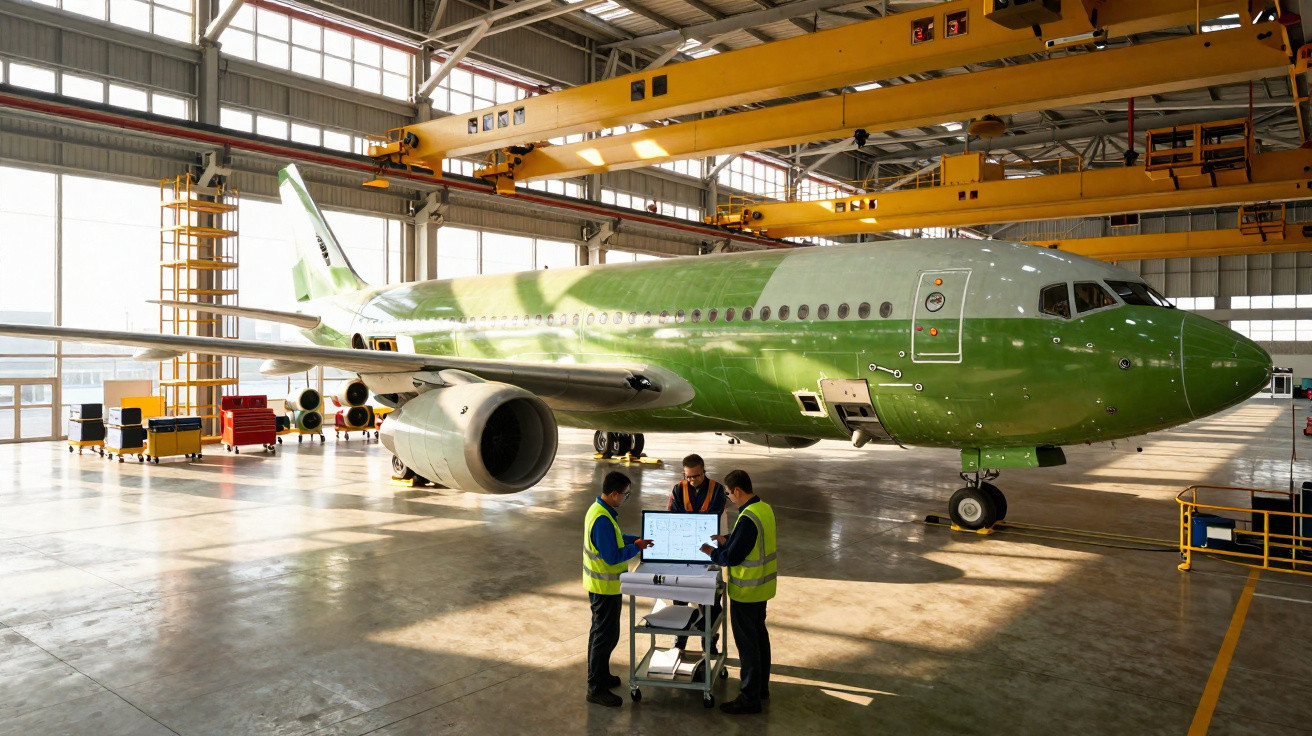 Three engineers in high-visibility vests reviewing plans beside a green airplane in a spacious hangar.