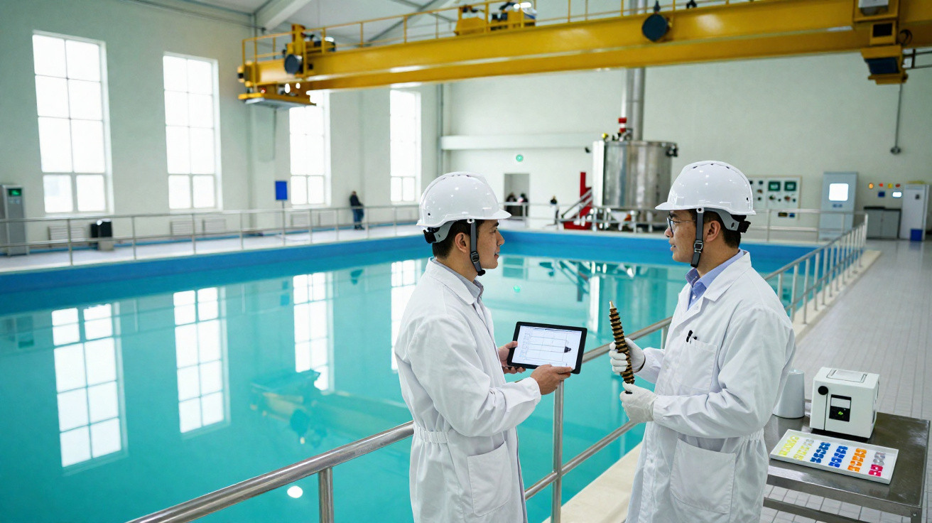Two engineers in white coats and helmets inspecting equipment by a large indoor industrial water pool.