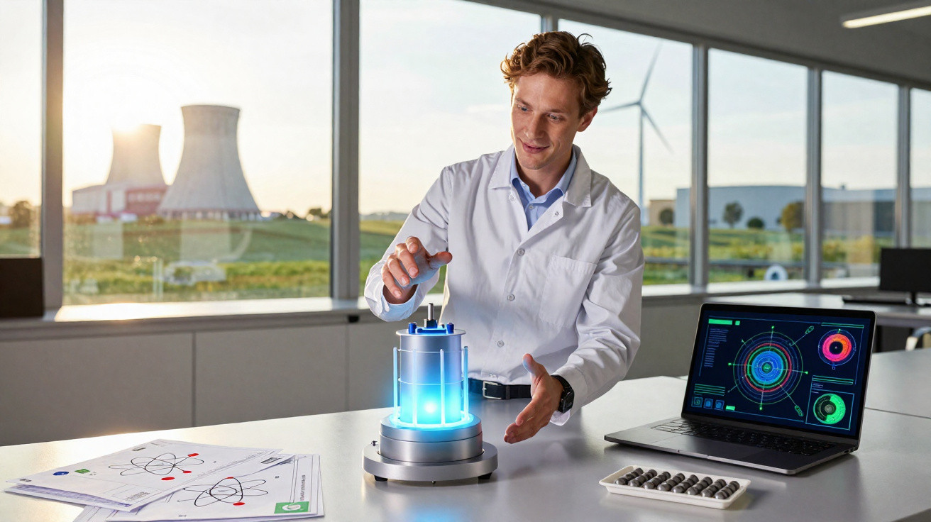 Scientist in lab coat examining a glowing nuclear reactor model with computer and diagrams on table.