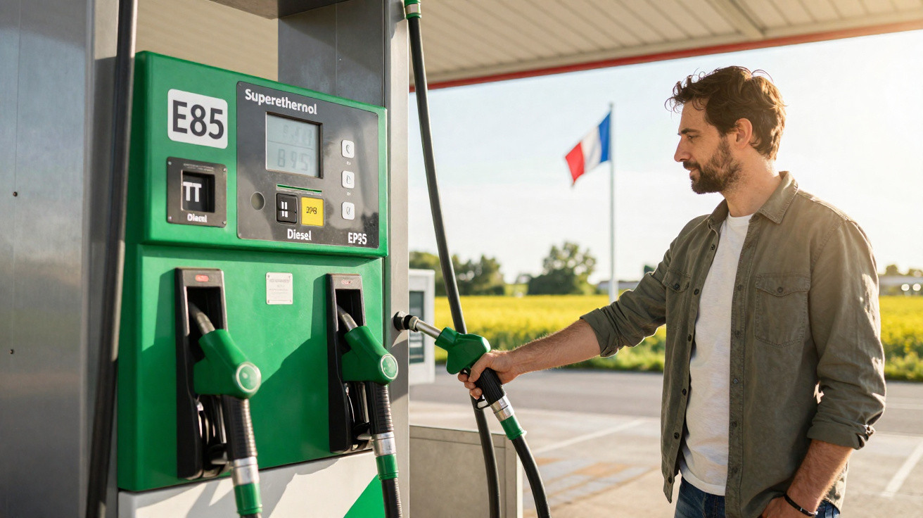 Man holding a fuel nozzle at a green petrol pump with a French flag in the background at a gas station.