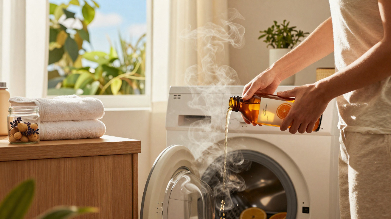 Person pouring liquid detergent into a front-loading washing machine in a sunlit laundry room.