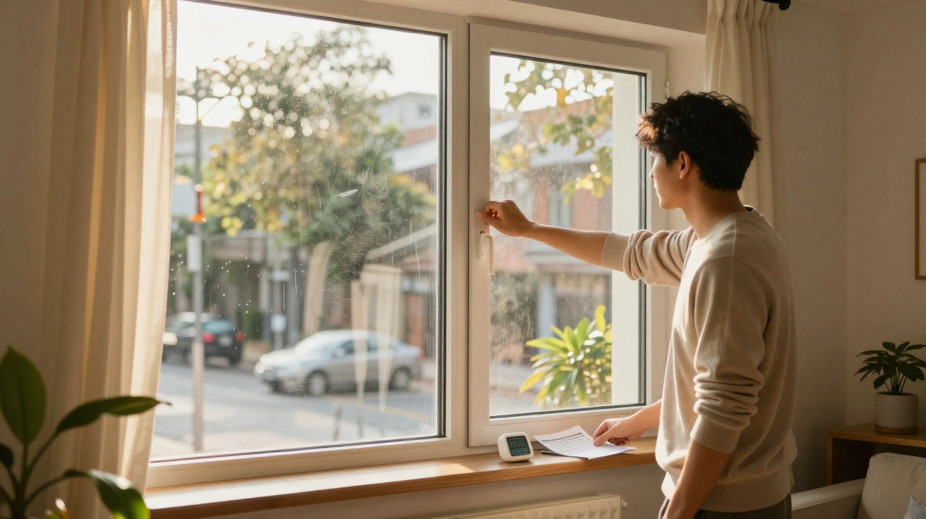 Young man opening a window in a sunlit room overlooking a street with parked cars and trees.