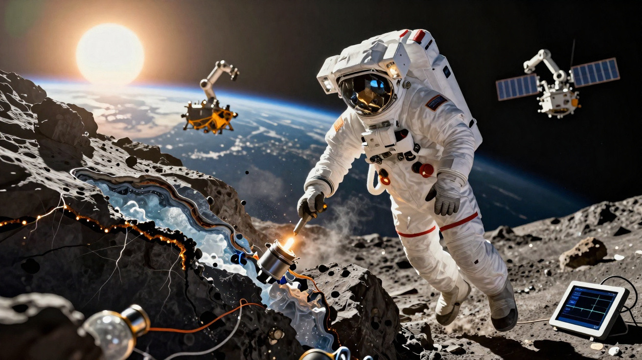 Astronaut in a spacesuit conducting scientific research on a rocky lunar surface with Earth and satellites visible.