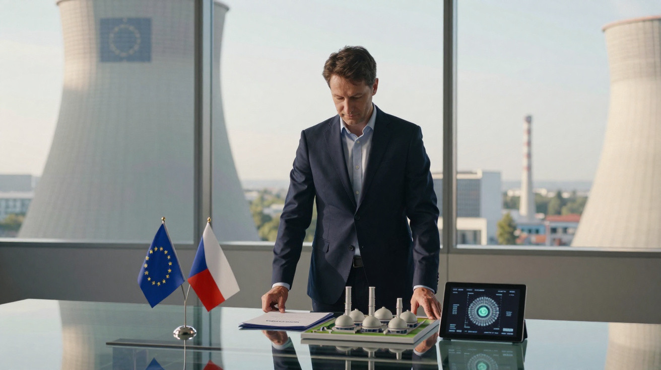 Businessman in suit examining nuclear power plant model with EU and Czech flags on desk, cooling towers visible outside.