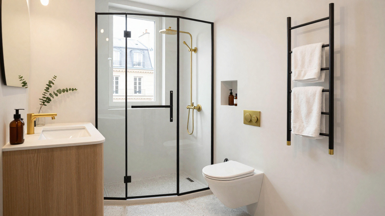 Modern bathroom with glass shower enclosure, gold fixtures, wall-mounted toilet, and towel rack with white towels.