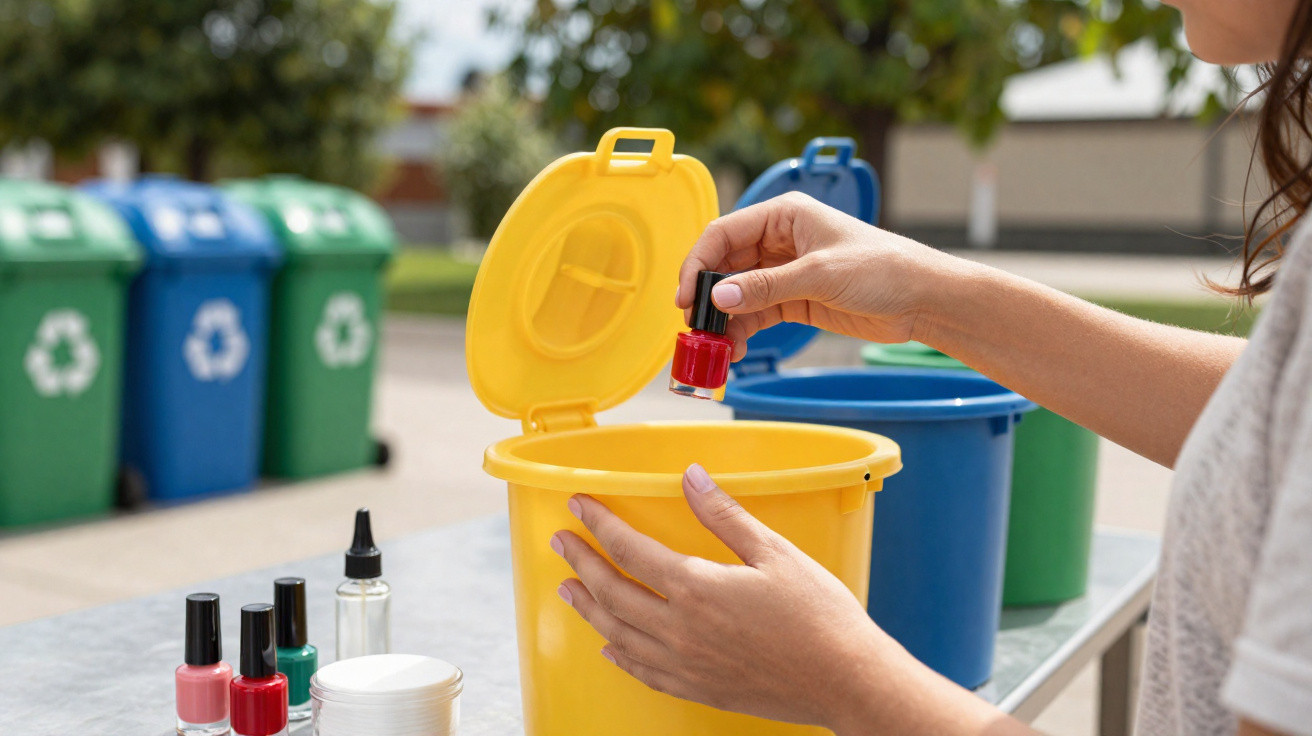 Person disposing of nail polish bottle into yellow recycling bin with other bins in the background